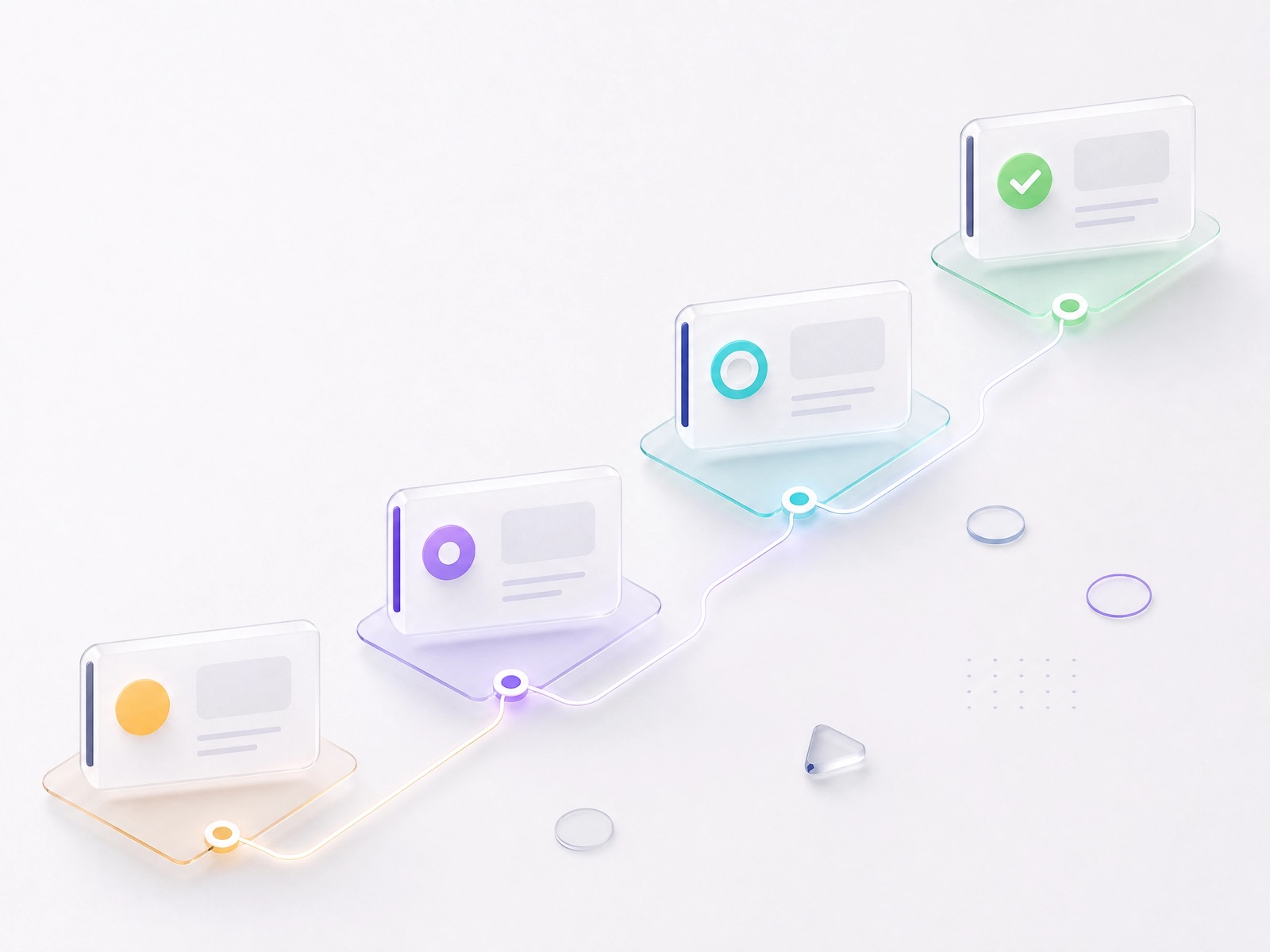 Four connected cards rising in sequence — pending, assigned, in progress and resolved — illustrating a complaint moving through its lifecycle.